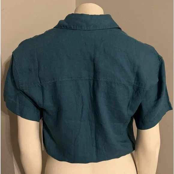 Athleta Short Sleeve Wrap Tie Boho Pocket Collar Linen Blue NWT Crop Top - Picture 2 of 6